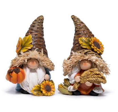 Hodao Thanksgiving Decor Harvest Elf Figurines with Pumpkin Sunflower - color: Brown-2 Pcs
