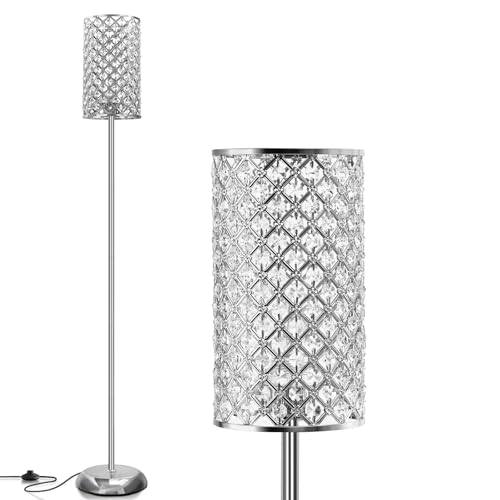 GyroVu Crystal Floor Lamp, Elegant Standing Lamp Modern Floor Lamp Silver Finish Tall Pole Lamp Accent Light with On/Off Foot Switch for Living Room, Girl Bedroom, Dresser, Office - color: Silver