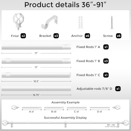 White Curtain Rod 36-91 Inch, 1 Inch Curtain Rods for Windows - color: White, size: 36"-91" (1 Pack)