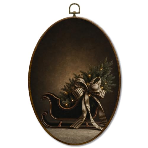 JQF Vintage Moody Christmas Sleigh Bow Oval Wall Decor Framed 8.5x11.5 Inch - color: Sled-1