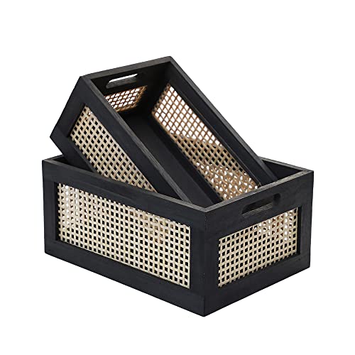Wicker Wood Storage Baskets with Handle, Set of 2, Black - color: Black, size: Large & Small (Set of 2)