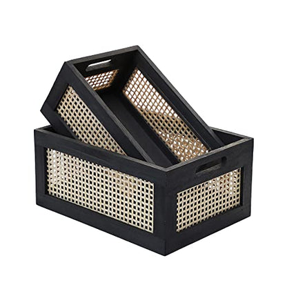 Wicker Wood Storage Baskets with Handle, Set of 2, Black - color: Black, size: Large & Small (Set of 2)