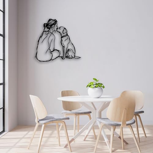 Woman Dog Metal Wall Decor - Pet Lover Room Decor Wall Art Home Decor for Living Room, Bedroom, Dining Room, Bathroom, Office, Pet Shop (Black)