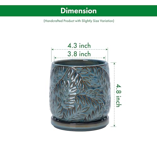 D'vine Dev Embossed Leaves Ceramic Planter, 4 in, Ocean Teal, 27-A-Z-8 - color: Ocean Teal, size: 4 Inch