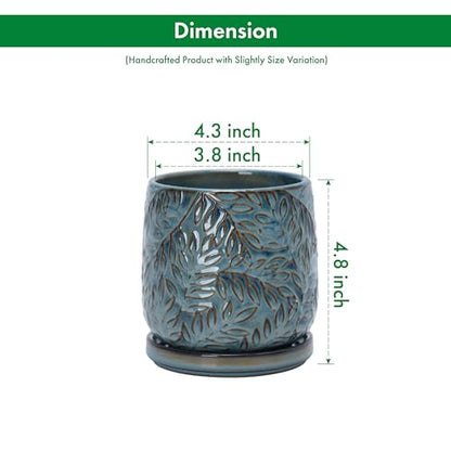 D'vine Dev Embossed Leaves Ceramic Planter, 4 in, Ocean Teal, 27-A-Z-8 - color: Ocean Teal, size: 4 Inch