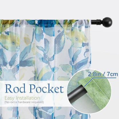 Farmhouse Sheer Curtains 84 Inch Length for Living Room 2 Panels - color: Leaf | Blue, size: 50"W x 84"L (Pack of 2)