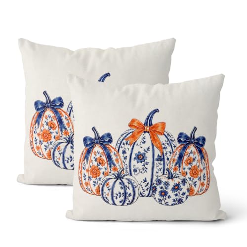BETGINY Fall Throw Pillow Covers 18x18 Inch 2Pcs Blue Chinoiserie Pumpkins - color: Burnt Orange Blue White, size: 18" x 18" (Pack of 2)