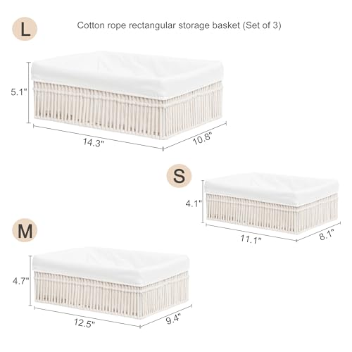 White Cotton Rope Woven Basket Storage Set of 3 for Organizing - color: Off-white