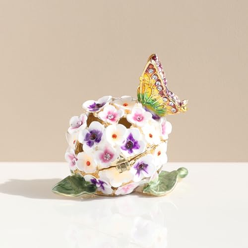 Decorative Floral Jewelry Box with Butterfly, Enamel Hydrangea Design, Purple and White Flowers, Trinket Box Storage