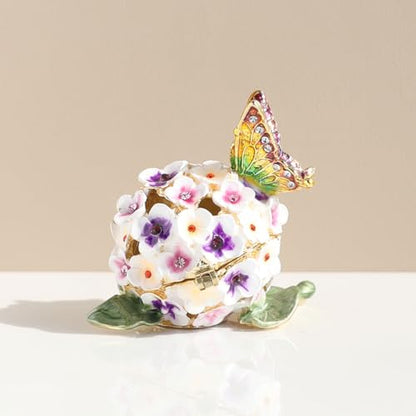 Decorative Floral Jewelry Box with Butterfly, Enamel Hydrangea Design, Purple and White Flowers, Trinket Box Storage