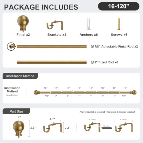 Warm Gold Curtain Rods 16-120 Inch Heavy Duty 1 Inch Diameter - color: Brass, size: 16"-120"|1 Pack