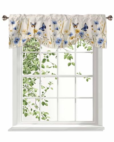 Butter-fly Leaves Tie Up Valance Curtain for Kitchen Living Room Bedroom Bathroom Cafe,Rod Pocket Short Window Drape Panel Adjustable Drapary Print,Elegant Fall Yellow Blue Yellow Daisy Beige 42"x12" - size: 42"W x 12"L (Pack of 1)