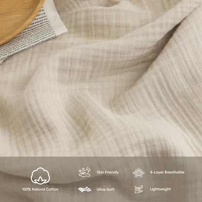 FOSSA Muslin Blanket 4-Layer 100% Cotton Gauze Blanket with Fringe 50"x60" - color: Beige, size: Throw (60" × 50")