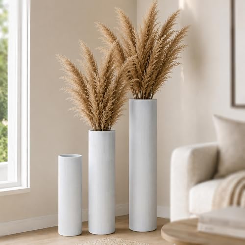 White Tall Ribbed Floor Vase - Set of 3 Metal Large Decorative Vases - color: White