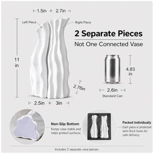 White Tall Ceramic Vase Set of 2, Sculptural Mountain Decor, Matte Finish - color: Cool White