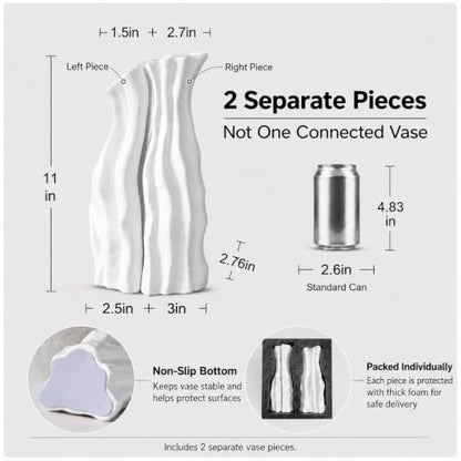 White Tall Ceramic Vase Set of 2, Sculptural Mountain Decor, Matte Finish - color: Cool White