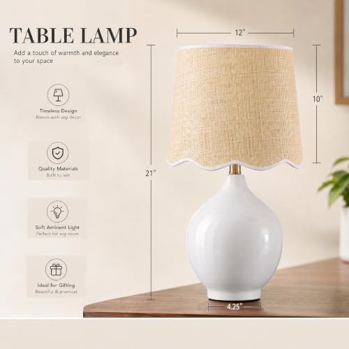 21"H Ceramic White Table Lamp with Beige Faux Rattan Drum Shade - color: Ceramic White