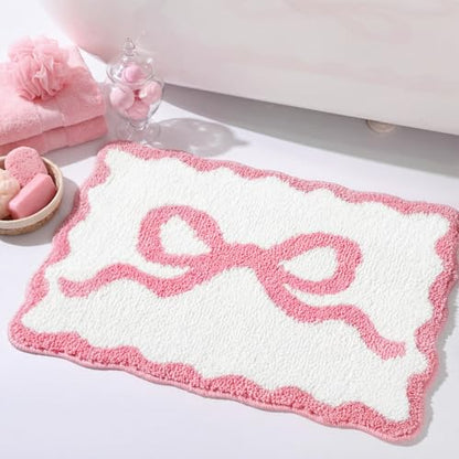 Tinideya Pink Bow Bathroom Rug 16" x 24" Scalloped Bow Bath Mat - color: Pink, size: 16" x 24" (Rectangular)