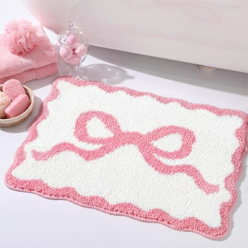 Tinideya Pink Bow Bathroom Rug 16" x 24" Scalloped Bow Bath Mat - color: Pink, size: 16" x 24" (Rectangular)