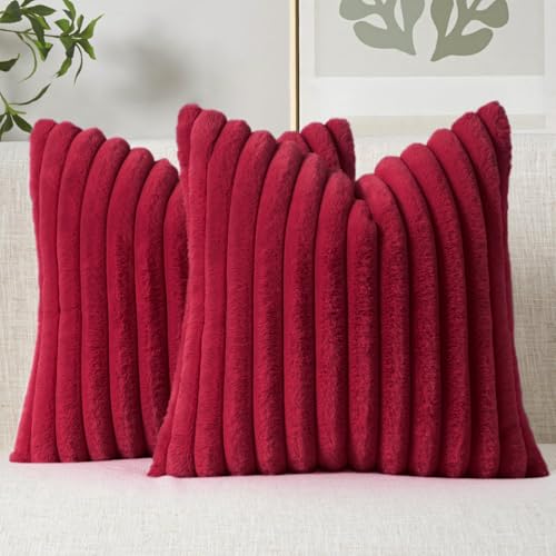 MIULEE Christmas Faux Fur Decorative Throw Pillow Covers 18x18 Burgundy - color: Burgundy, size: 18" x 18" (Pack of 2)