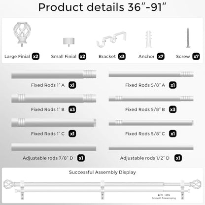 Double Curtain Rod 36-91 Inch, Heavy Duty Dual Rods, White - color: Plain White, size: 36"-91"