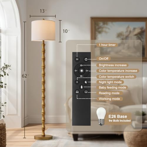 BOBOMOMO 62" Rustic Farmhouse Floor Lamp Antique Gold with Remote & Dimmable 9W Bulb, 3 Color Temperatures Resin Standing Lamp, Retro Tall Lamp for Living Room, Bedroom, Nursery, Office, Reading Nook - color: Aged Gold