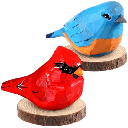 2 Pcs Christmas Wood Carving Red Cardinal, Eastern Bluebird, Bird Figurines Home Decor Character Decorative Gift for Graduates Colleagues Friends Support Creative Expression, Carved Hand Drawn Bird