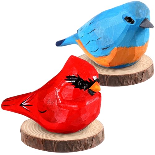 2 Pcs Christmas Wood Carving Red Cardinal, Eastern Bluebird, Bird Figurines Home Decor Character Decorative Gift for Graduates Colleagues Friends Support Creative Expression, Carved Hand Drawn Bird