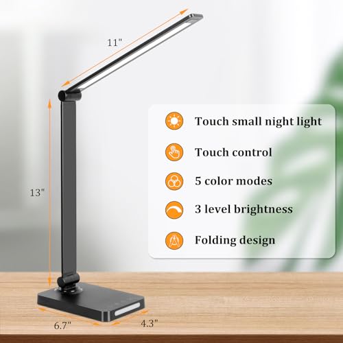 LED Desk Lamp with USB Ports,Touch Desk Lamps for Home Office with 5 Modes - color: Black