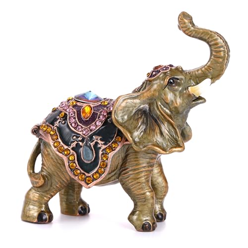 Hand Painted Enameled Lucky Elephant Trinket Box, Hinged Unique Mini Ring Necklace Jewelry Organizer, Classical Bejeweled Storage, Figurine Collectible Keepsake Home Decor (Elephant-1) - color: Elephant-1