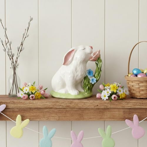 Painted Bunny Smelling Flowers Figurine