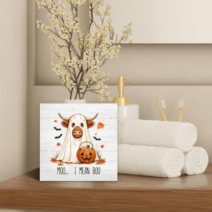 Fall Halloween Highland Cow Pumpkin Wood Box Sign Desk Decor 5X5 - color: Ghost Cow