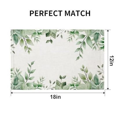 QiyI Boho Table Placemats Set of 4, 12"x18" Linen Place Mats, Green Leaves - color: Green Leaves Border, size: Set of 4