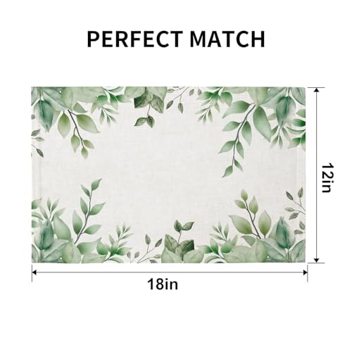 QIYI Boho Table Placemats Set of 6, 12"x18" Linen Place Mats, Green Leaves - color: Green Leaves Border, size: Set of 6