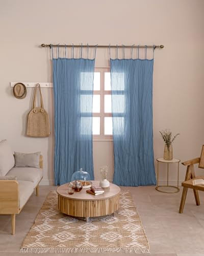 TARAN LIVING Sheer Crinkle Curtain Panel Set of 2, 100% Washable Cotton Window Treatment Rod Pocket Curtain Panels for Kitchen, Bedroom and Living Room (Blue, Long Door (40"x96")) - color: Blue