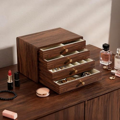 GENUINED Solid Walnut Wooden Jewelry Box with Compartments, Gifts for Women