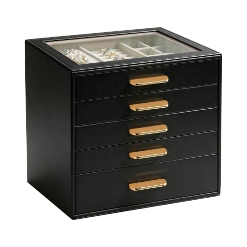 Homeanda Jewelry Boxes Organizer with Glass Lid, 5-Layer PU Leather, Black - color: Black, size: 5 Layer