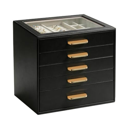 Homeanda Jewelry Boxes Organizer with Glass Lid, 5-Layer PU Leather, Black - color: Black, size: 5 Layer