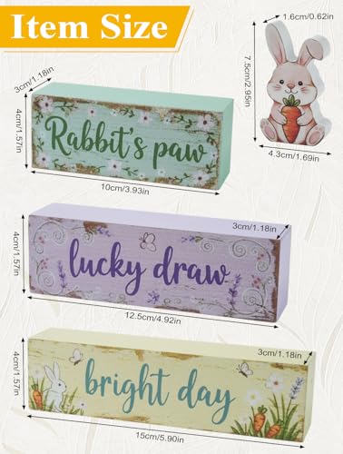 Spring Easter Dec Bunny Wooden Tabletop Decor with Rabbit’s Paw/Luck Draw/Bright Day Signs, Spring Farmhouse Spring Table Decorations for Home Indoor, Green Purple Beige Wood Blocks Set of 4 - size: Spring Rabbit