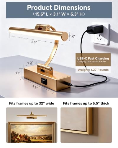 15.6" Battery Operated Picture Light for Wall Art, Brass Finish - size: 15.6 Inch