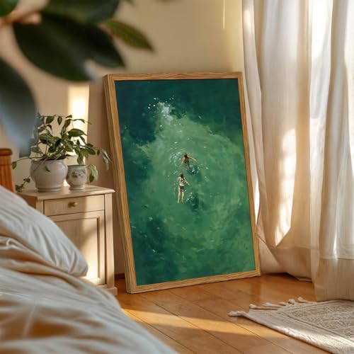 Framed Tiny People Swimming Canvas Wall Art, Minimalist Green Water Pictures Wall Decor, Abstract Summer Beach Paintings Prints Modern Home Decor for Living Room Bedroom Bathroom 16x24 inch - color: Green, size: 24"L x 16"W