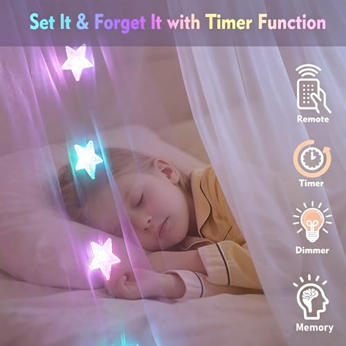 White Bed Canopy with 24 Colors Star Lights for Girls, 8 Corner Princess Canopy Bed Curtains with Color Changing LED String Lights Remote Timer for Adults Women Bedroom, Twin Full Queen King Bed