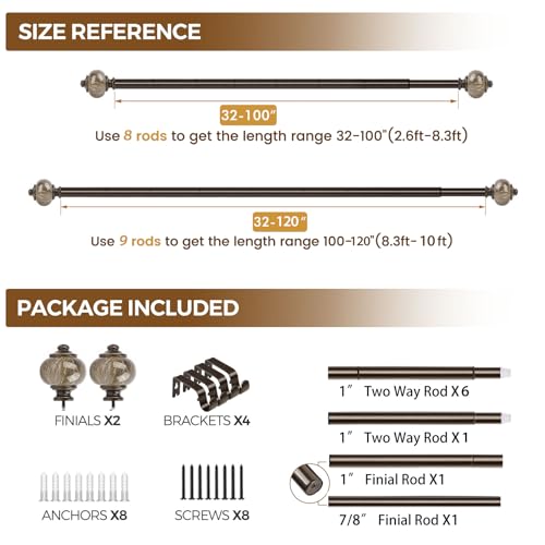 KAMANINA 1 Inch Curtain Rods for Windows 66 to 120 Inch, Bronze Drapery Rod - color: Bronze, size: 66-120"