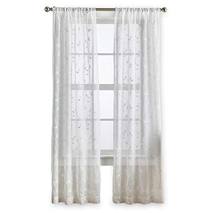 Curtainworks Botanical Leaf Sheer Curtains, 37 x 63 in, White, 2-Piece - color: White, size: 37"W x 63"L (Pack of 2)