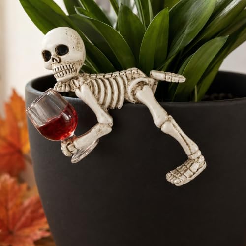 Halloween Skeleton Flowerpot Decoration, Weather Resistant Resin Garden Statue (Wine Glass Skeleton) - color: Style11