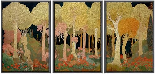 wall26 Framed Print Wall Art Set Art Nouveau Golden Forest Whimsical Vintage Tree and FloralDecorative Minimal Relax/Zen for Living Room, Bedroom, Office - 16"x24"x3 Black - color: A18-2604-m10, size: 16" x 24" x 3 Panels BLACK