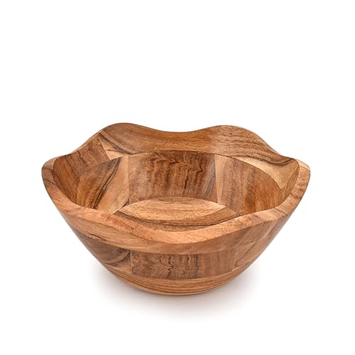 Fruit Bowl Acacia Wood Ruffle Decorative Style Home Decor for Dining Table Fits Bread, Fruits, Salad or Popcorn (9" x 9" x 4")