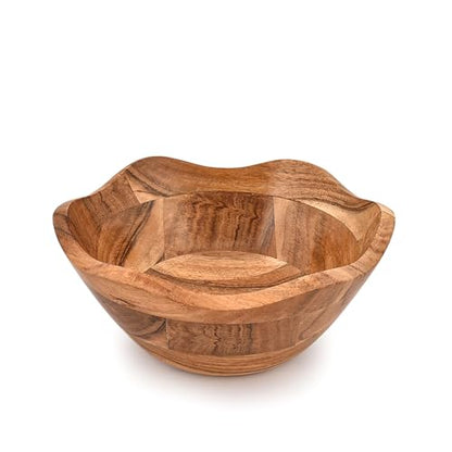 Fruit Bowl Acacia Wood Ruffle Decorative Style Home Decor for Dining Table Fits Bread, Fruits, Salad or Popcorn (9" x 9" x 4")