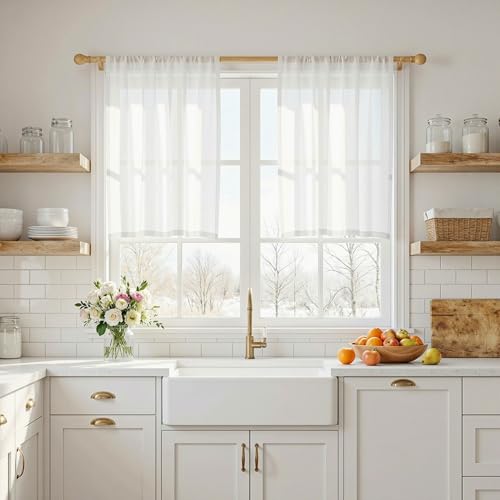 MYSKY HOME White Curtains 24 Inch Long for Kitchen, Semi Sheer Light Filtering Window Panels Rod Pocket Valance Neutral Drapes for Small Window/Cafe/Bathroom Basement, Pure White 2 Panels, 34 in Wide - color: Pure White, size: 34"W x 24"L (Pack of 2)