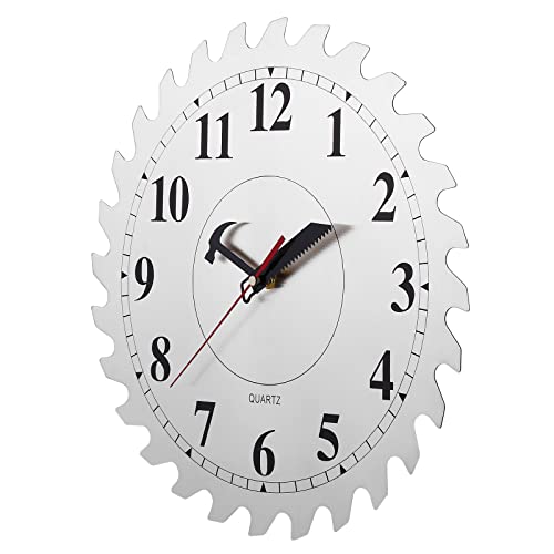 12 Inch Metal Wall Clock with Circular Saw Blade Dial, Handsaw and Hammer Pointer,Great Decor for Garage,Workshop and Man Cave - color: Silver